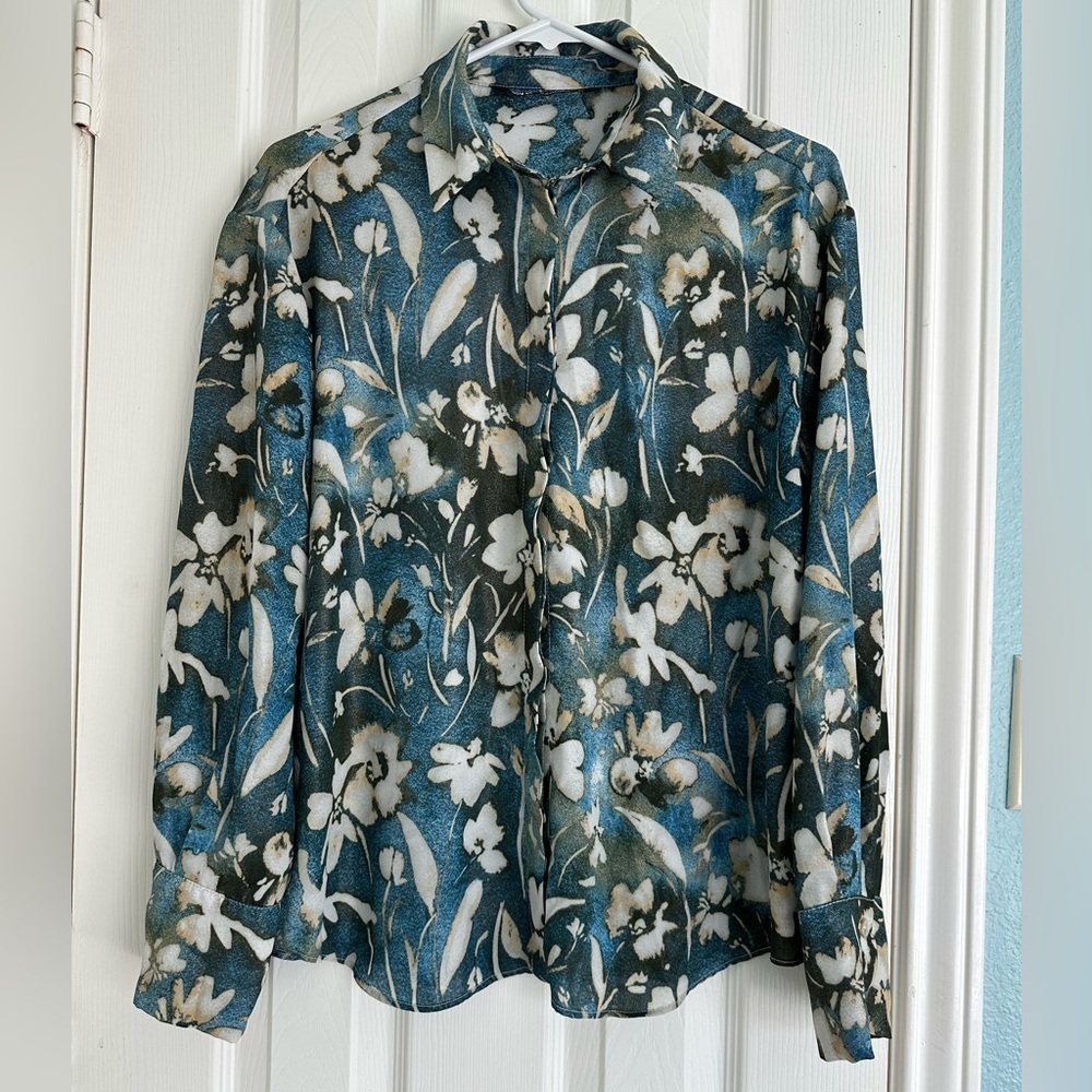 ZARA Blouse WITH LAMINATION AND PRINT SIZE M BLUE/Golden Floral Hawaiian